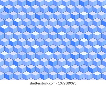 Volume geometric seamless pattern with isometric cubes. 3d vector background block texture. Abstract mosaic backdrop with repeating blue rhombuses. Optical effects.