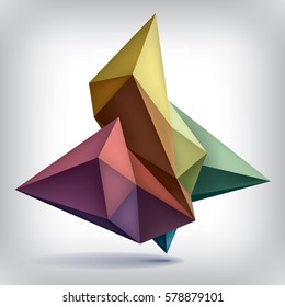 Volume geometric shape, 3d color crystals, abstraction low polygons object, vector design forms
