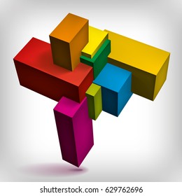 Volume geometric shape, 3d color cubes, abstraction group object, vector design form
