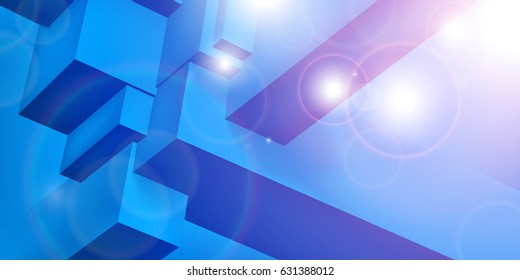 Volume geometric shape, 3d cubes, abstraction group object, light and glare, blue technology background, vector design form