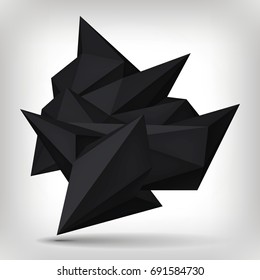 Volume geometric shape, 3d levitation black crystal, creative low polygons dark object, vector design form