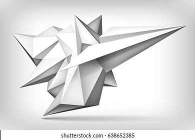 Volume geometric shape, paper airplane, 3d crystal, creative low polygons object, vector design form