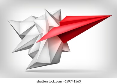 Volume geometric shape, red paper airplane inside, 3d origami crystal, creative low polygons object, vector design form