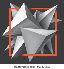 Volume geometric shapes, 3d crystals. Abstract low polygons object composition. Bright orange frame. Vector design form
