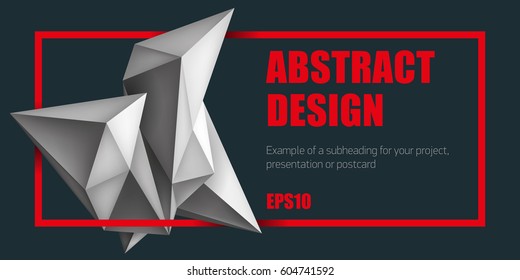 Volume geometric shapes, 3d crystals. Abstract low polygons object composition. Bright red frame. Vector design form