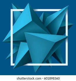 Volume geometric shapes, blue 3d crystals. Abstract low polygons object composition. White square frame. Vector design form