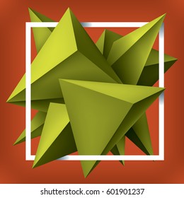 Volume geometric shapes, yellow 3d crystals on orange background. Abstract low polygons object composition. White square frame. Vector design form