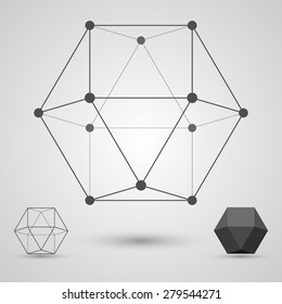 Volume geometrical figure in the form of a skeleton. Concept of business and scientific ties. Vector illustration.