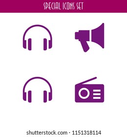 volume icon. 4 volume set with audio, megaphone, headphones and radio vector icons for web and mobile app