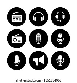 volume icon. 9 volume set with microphone, megaphone, radio and headphones vector icons for web and mobile app