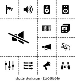 Volume icon. collection of 13 volume filled icons such as slider, speaker, audio system, megaphone, adjust, no sound, earphones. editable volume icons for web and mobile.