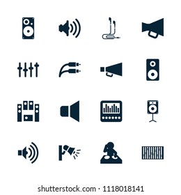 Volume icon. collection of 16 volume filled icons such as dj, loud speaker set, earphone wire, loudspeaker, equalizer, megaphone. editable volume icons for web and mobile.