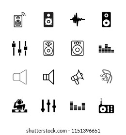 Volume icon. collection of 16 volume filled and outline icons such as adjust, radio, equalizer, music equalizer, loudspeaker. editable volume icons for web and mobile.