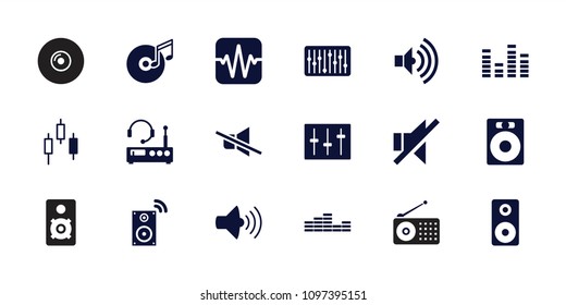 Volume icon. collection of 18 volume filled icons such as speaker, equalizer, no sound, sliders, slider, loudspeaker. editable volume icons for web and mobile.