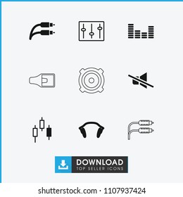 Volume icon. collection of 9 volume filled and outline icons such as equalizer, earphones, earphone wire, control panel, sliders. editable volume icons for web and mobile.