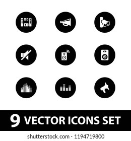 Volume icon. collection of 9 volume filled icons such as megaphone, equalizer, speaker, loud speaker set, music loudspeaker. editable volume icons for web and mobile.