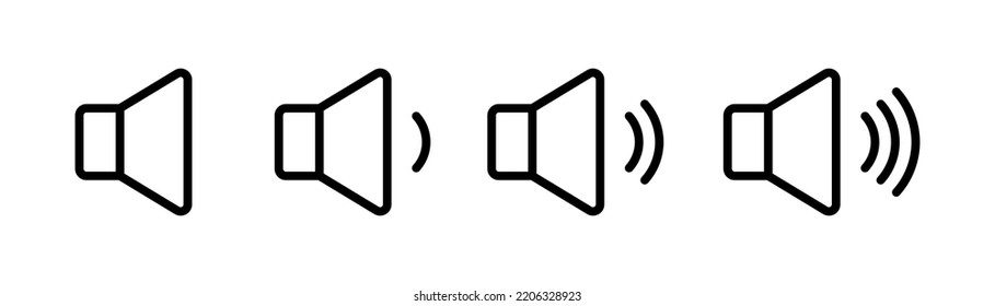 Volume icon. Megaphone sign in line. Sound symbol in black. Music icon set. Outline loudspeaker symbol. Outline sound sign. Megaphone in lune. Stock vector