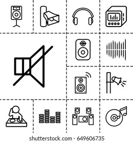 Volume icon. set of 13 outline volume icons such as volume, no sound, megaphone, equalizer, earphones, loud speaker with equalizer, loudspeaker, disc and music note, speaker