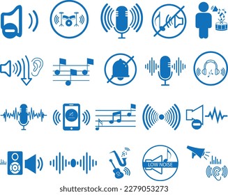 Volume icon set, 20 audio speaker volume icon set blue vector