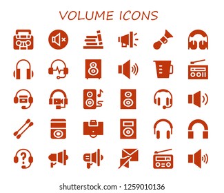  volume icon set. 30 filled volume icons. Simple modern icons about  - Radio, Mute, Bookshelf, Megaphone, Horn, Headphones, Loudspeaker, Volume, Measuring cup, Speakers, Subwoofer