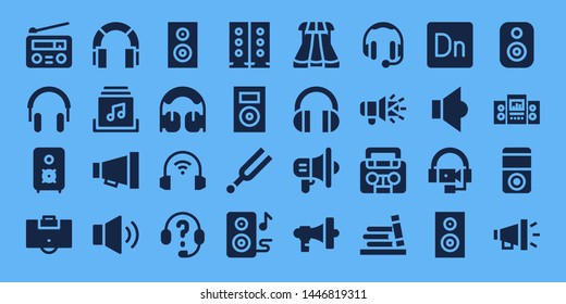 volume icon set. 32 filled volume icons. on blue background style Simple modern icons about  - Radio, Headphones, Speaker, Area, Music album, Megaphone, Volume, Subwoofer, Speakers