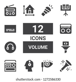 volume icon set. Collection of 12 filled volume icons included Horn, Mascara, Headphones, Radio, Filter, Headphone, Dimension, Music stand, Subtitles