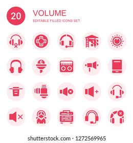 volume icon set. Collection of 20 filled volume icons included Headphones, Controls, Headphone, Slider, Control, Filter, Radio, Megaphone, Audio player, Mute, Volume, Amplifier