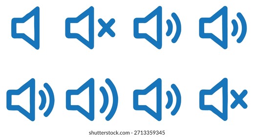 Conjunto de iconos de volumen. Video Silenciar y activar el sonido de volumen iconos de vector plano para App y Sitios web. Icono de volumen del altavoz: símbolo de sonido de voz de audio y música multimedia. Vector de glifo plano de línea negra simple.