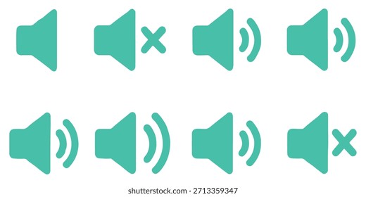 Conjunto de iconos de volumen. Video Silenciar y activar el sonido de volumen iconos de vector plano para App y Sitios web. Icono de volumen del altavoz: símbolo de sonido de voz de audio y música multimedia. Vector de glifo plano de línea negra simple.