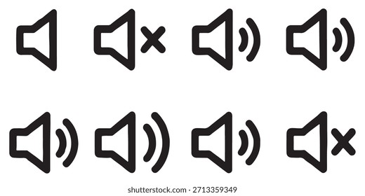 Lautstärkesymbol-Set. Lautsprecher Stumm und unstumm Lautstärke Sound flache Vektorsymbole für Video-Apps und Websites. Lautstärkesymbol des Lautsprechers - Audio-Sprachsound-Symbol für Medienmusik. Einfache schwarze Linie flache Glyphe Vektor.