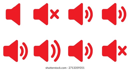 Conjunto de iconos de volumen. Video Silenciar y activar el sonido de volumen iconos de vector plano para App y Sitios web. Icono de volumen del altavoz: símbolo de sonido de voz de audio y música multimedia. Vector de glifo plano de línea negra simple.
