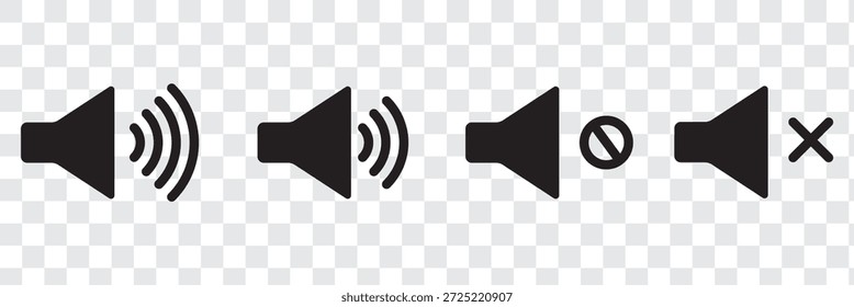 Conjunto de Ícones de Volume. Alto-falante Silencie e desative o mudo dos ícones de volume do vetor plano para aplicativos de vídeo e sites. Ícone do volume do alto-falante - áudio voz símbolo música de mídia. Glifo simples plano de linha preta