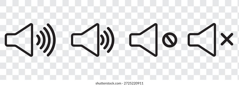 Lautstärkesymbol-Set. Lautsprecher Stumm und unstumm Lautstärke Sound flache Vektorsymbole für Video-Apps und Websites. Lautstärkesymbol des Lautsprechers - Audio-Sprachsound-Symbol für Medienmusik. Einfaches flaches Symbol mit schwarzer Linie
