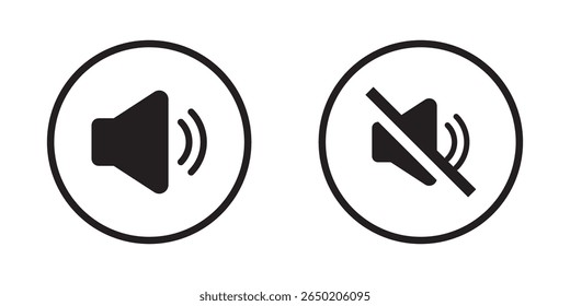 Volume icon set, Speaker volume and mute icon in circle outline. Simple sound volume and audio mute mark symbol design illustration. design eps 10