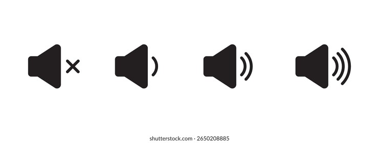 Ícone de volume definido. Conjunto de ícones de alto-falante. vetor de volume. ícone de alto-falante vetor. Desativar mudo e desativar mudo do som do volume. Ícone de arte online do volume do alto-falante de áudio para aplicativos e sites. Preto 
ícones de som.