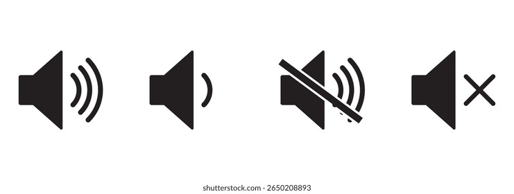 Ícone de volume definido. Conjunto de ícones de alto-falante. vetor de volume. ícone de alto-falante vetor. Desativar mudo e desativar mudo do som do volume. Ícone de arte online do volume do alto-falante de áudio para aplicativos e sites. Preto 
ícones de som.