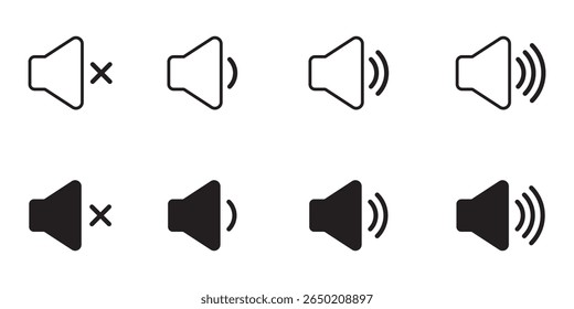 Ícone de volume definido. Conjunto de ícones de alto-falante. vetor de volume. ícone de alto-falante vetor. Desativar mudo e desativar mudo do som do volume. Ícone de arte online do volume do alto-falante de áudio para aplicativos e sites. Preto 
ícones de som.