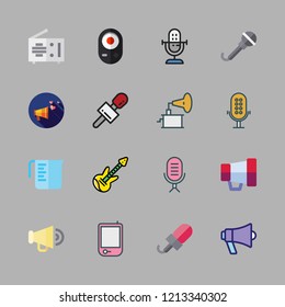 volume icon set. vector set about phonograph, measuring cup, microphone and megaphone icons set.
