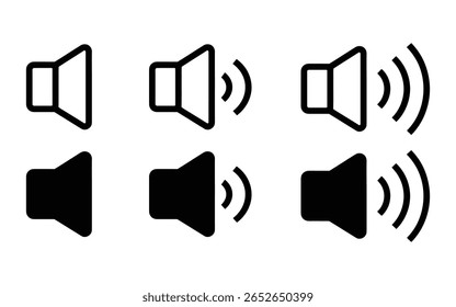 Vector de conjunto de iconos de volumen. Sonido y Audio Vector Icons – Silenciar, Volumen, Ondas de Voz, Alarmas, Vector de Símbolo de Difusión