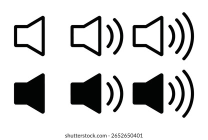 Ícone de volume define vetor. Ícones vetoriais de som e áudio - mudo, volume, ondas de voz, alarmes, vetor de símbolos de difusão