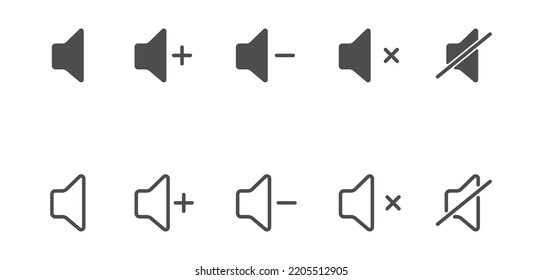 Volume icon. Sound controls. A set of symbols for the volume and control interface. Empty outline and filled silhouette, flat style.