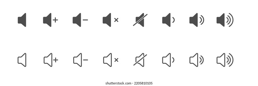 Volume icon. Sound controls. A set of symbols for the volume and control interface. Empty outline and filled silhouette, flat style.