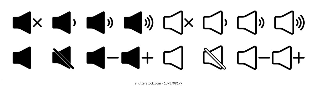 Volume icons. Mute of sound. Noise level from speaker. Audio outline symbols. Button for voice and play. Sign of low or up of volume. Set of icons for music app and equalizer in phone. Vector.