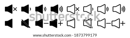 Volume icons. Mute of sound. Noise level from speaker. Audio outline symbols. Button for voice and play. Sign of low or up of volume. Set of icons for music app and equalizer in phone. Vector.