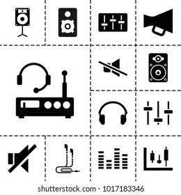 Volume icons. set of 13 editable filled volume icons such as panel control, equalizer, no sound, loudspeaker, earphones, listening device, megaphone