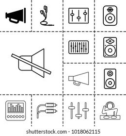 Volume icons. set of 13 editable outline volume icons such as megaphone, sliders, loudspeaker, slider, earphones, speaker, dj, equalizer, no sound, loud speaker with equalizer