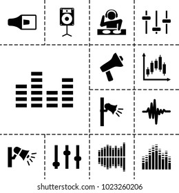 Volume icons. set of 13 editable filled volume icons such as adjust, music equalizer, megaphone, equalizer, loudspeaker, dj, panel control