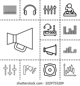 Volume icons. set of 13 editable outline volume icons such as dj, speaker, earphones, equalizer, megaphone, listening device, panel control