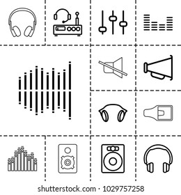 Volume icons. set of 13 editable outline volume icons such as adjust, speaker, headphones, equalizer, earphones, megaphone, listening device, volume, no sound
