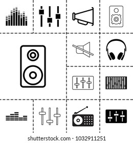 Volume icons. set of 13 editable filled and outline volume icons such as loudspeaker, megaphone, equalizer, adjust, radio, sliders, slider, earphones